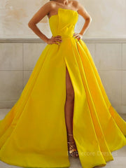 A-Line/Princess Strapless Sweep Train Satin Prom Dresses With Leg Slit