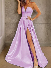 A-Line/Princess Strapless Sweep Train Satin Prom Dresses With Leg Slit