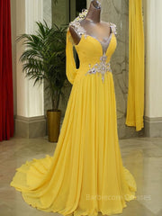 A-Line/Princess Straps Sweep Train Chiffon Prom Dresses With Beading