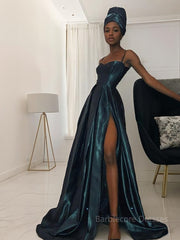 A-Line/Princess Straps Sweep Train Silk like Satin Prom Dresses With Leg Slit