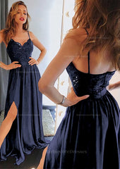 A Line Princess Sweetheart Sleeveless Long Floor Length Charmeuse Prom Dress With Split Lace