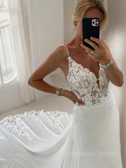 A-Line/Princess V-neck Chapel Train Chiffon Wedding Dresses With Appliques Lace