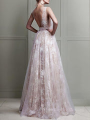 A-Line/Princess V-neck Floor-Length Tulle Evening Dresses With Appliques Lace