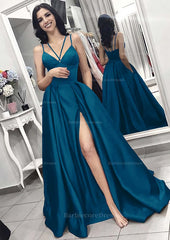 A Line Princess V Neck Sleeveless Long Floor Length Elastic Satin Evening Dress With Split Pleated