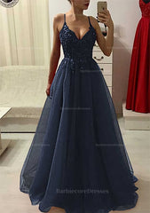 A Line Princess V Neck Sleeveless Long Floor Length Prom Dress With Appliqued Beading