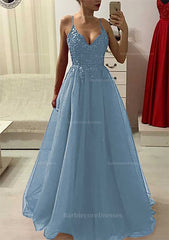 A Line Princess V Neck Sleeveless Long Floor Length Prom Dress With Appliqued Beading