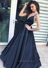 A Line Princess V Neck Sleeveless Long Floor Length Satin Prom Dress