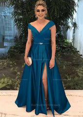 A Line Princess V Neck Sleeveless Long Floor Length Satin Prom Dress With Split Beading