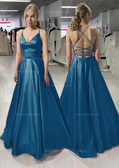 A Line Princess V Neck Sleeveless Satin Long Floor Length Prom Dress