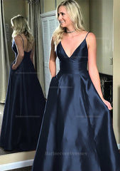 A Line Princess V Neck Sleeveless Sweep Train Satin Prom Dresses