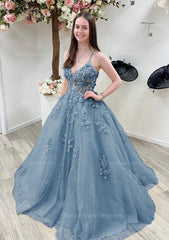 A Line Princess V Neck Sleeveless Sweep Train Tulle Prom Dress With Appliqued Beading Lace