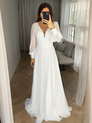 A-Line/Princess V-neck Sweep Train Chiffon Wedding Dresses