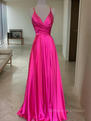 A-Line/Princess V-neck Sweep Train Elastic Woven Satin Prom Dresses