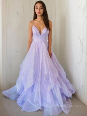 A-Line/Princess V-neck Sweep Train Prom Dresses