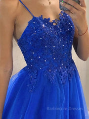 A-Line/Princess V-neck Sweep Train Tulle Prom Dresses With Appliques Lace