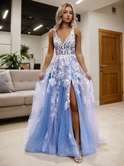 A-Line/Princess V-neck Sweep Train Tulle Prom Dresses With Leg Slit