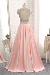 A Line Round Neck Two Pieces Beaded Pink Prom Dresses, Two Pieces Pink Formal Dresses, Pink Evening Dresses