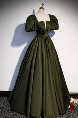 A-Line Satin Long Prom Dress, Dark Green Short Sleeve Evening Graduation Dress