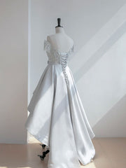 A-Line Scoop Neckline Lace Gray Prom Dress, High Low Style Satin Formal Dresses