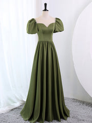 A-Line Scoop Neckline Puff Sleeves Satin Long Green Prom Dress, Green Formal Dress