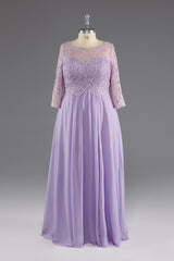 Lilac A-Line 3/4 Sleeves Scoop Lace Prom Dress