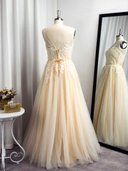 A-line Spaghetti Straps Appliques Lace Floor-Length Tulle Dress