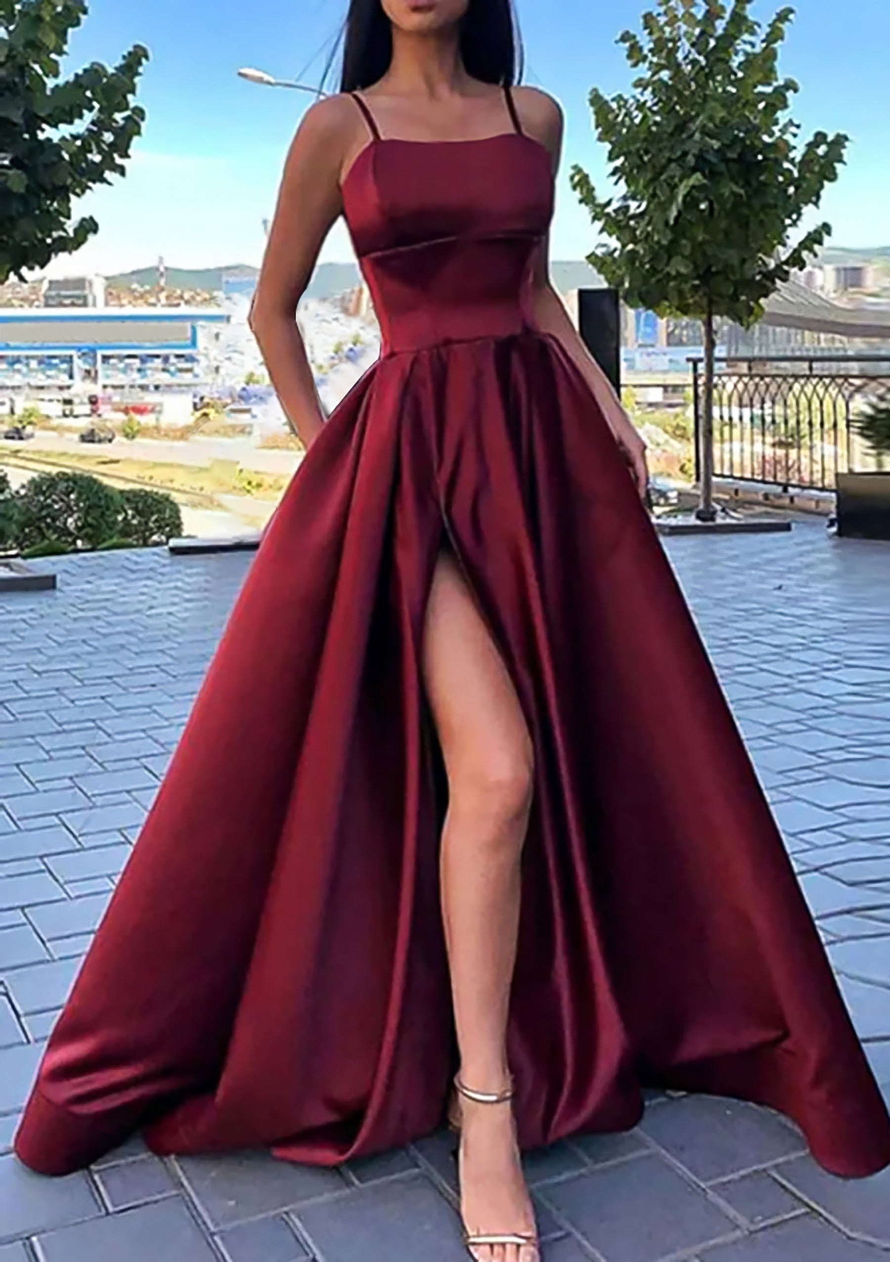 A Line Square Neckline Spaghetti Straps Long Floor Length Satin Prom Dress With Split Pockets