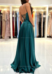 A Line Square Neckline Spaghetti Straps Sweep Train Charmeuse Prom Dress With Split