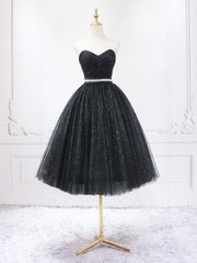 A-Line Sweetheart Neck Black Short Prom Dress, Black Formal Evening Dresses