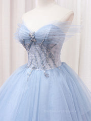 A-Line Sweetheart Neck Tulle Lace Blue Long Prom Dress, Blue Formal Evening Dress