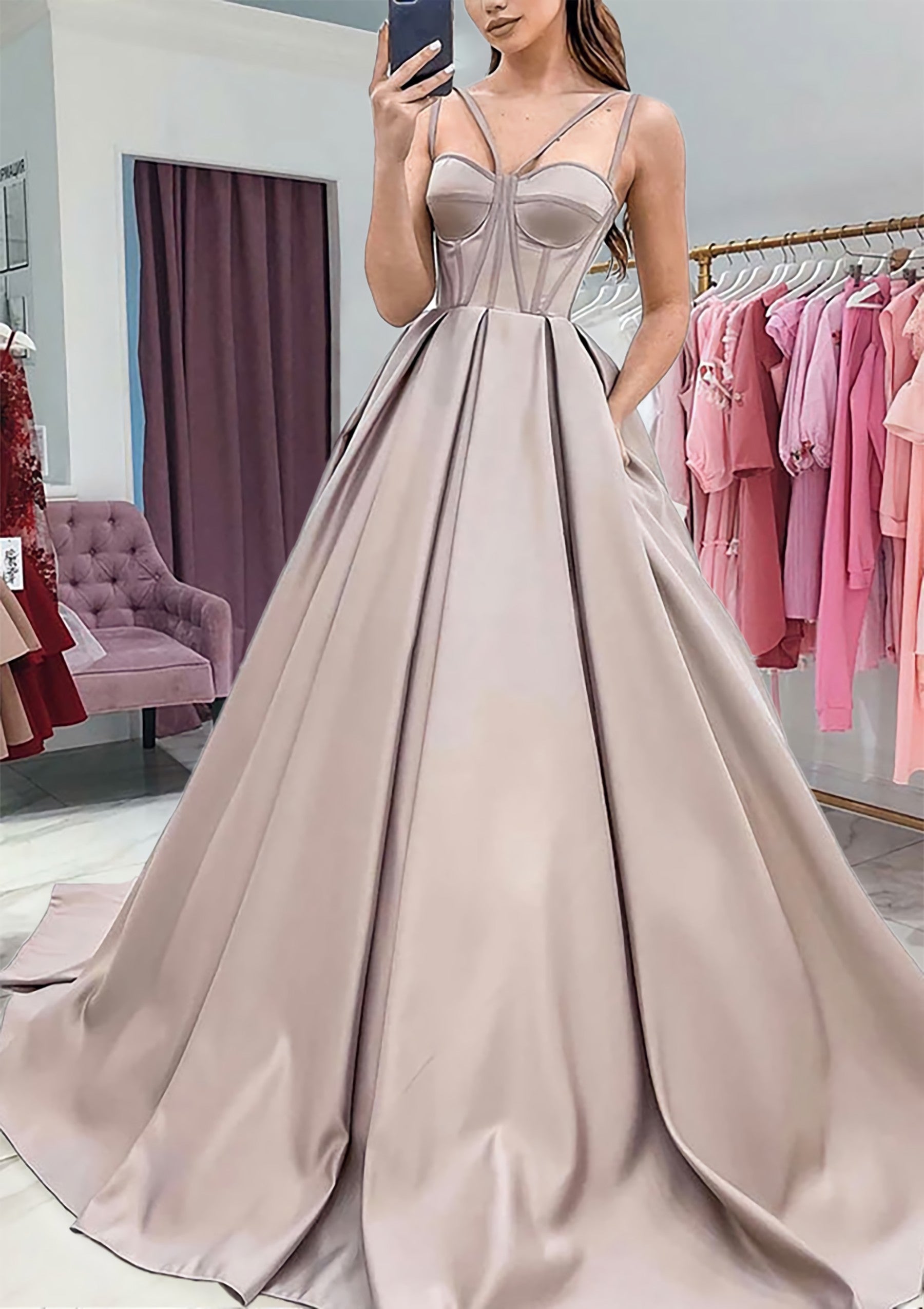 A Line Sweetheart Sleeveless Satin Sweep Train Prom Dress With Pockets