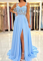 A Line Sweetheart Sleeveless Sweep Train Chiffon Prom Dress With Appliqued Split