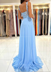 A Line Sweetheart Sleeveless Sweep Train Chiffon Prom Dress With Appliqued Split