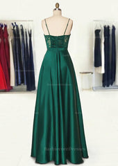 A Line Sweetheart Spaghetti Straps Long Floor Length Satin Prom Dress With Appliqued Pockets