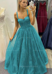 A Line Sweetheart Spaghetti Straps Long Floor Length Tulle Glitter Prom Dress