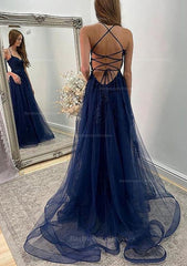 A Line Sweetheart Spaghetti Straps Sweep Train Tulle Prom Dress With Appliqued Split