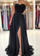 A Line Sweetheart Sweep Train Chiffon Prom Dress With Lace Beading Split