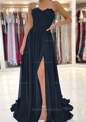 A Line Sweetheart Sweep Train Chiffon Prom Dress With Lace Beading Split