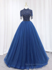 A-Line Tulle Blue Long Prom Dress, Blue Formal Evening Dress with Beading