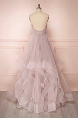 A-Line Tulle Layers Long Formal Dress, Cute V-Neck Evening Party Dress