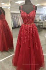 A Line V Neck and V Back Burgundy Lace Floral Long Prom Dress, Burgundy Lace Formal Evening Dress