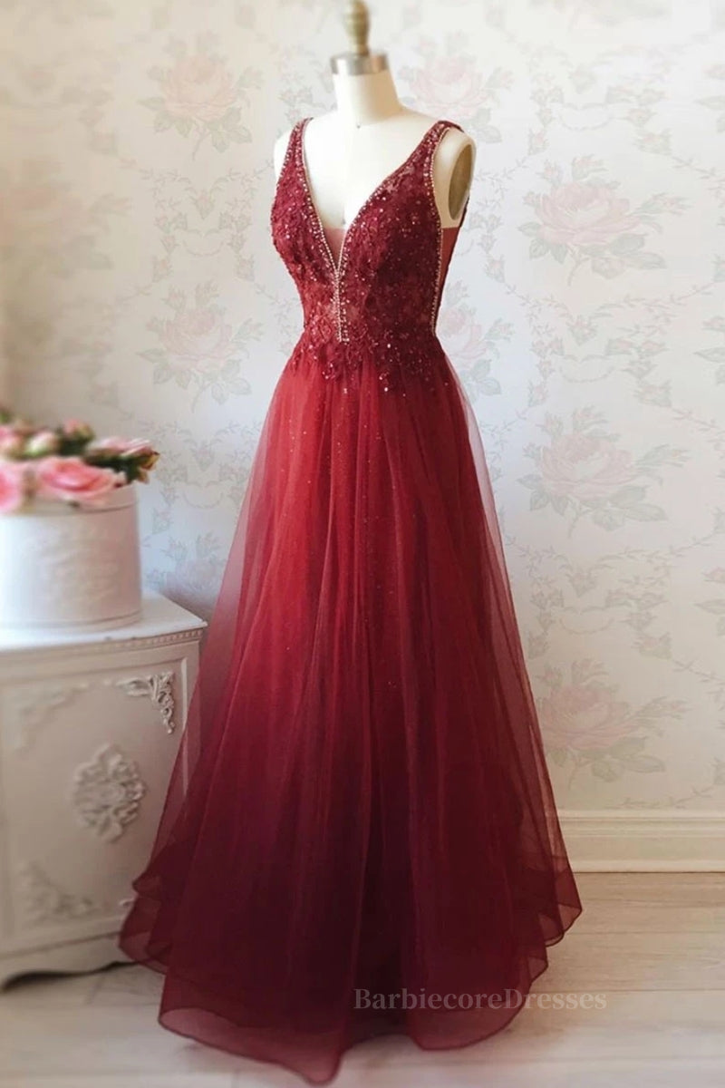 A Line V Neck and V Back Long Beading Lace Burgundy Prom Dress, Lace Burgundy Formal Graduation Evening Dress