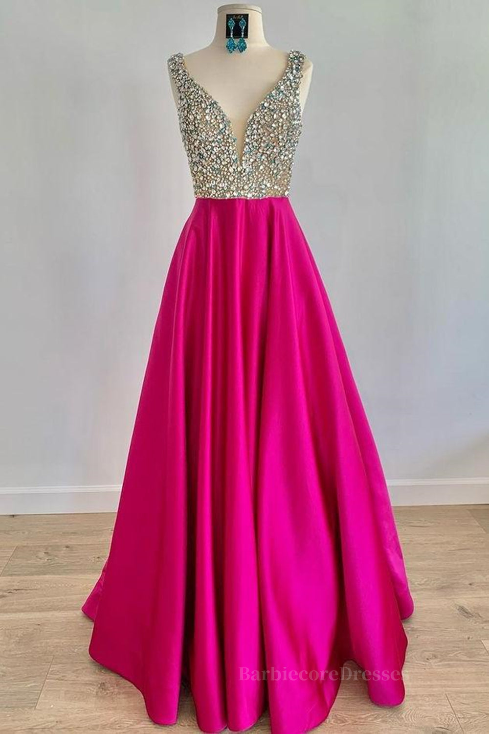 A Line V Neck Beaded Fuchsia Long Prom Dress, V Neck Fuchsia Formal Dress, Beaded Fuchsia Evening Dress