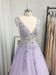 A-line V-neck Beading Floor-Length Tulle Dress