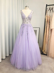 A-line V-neck Beading Floor-Length Tulle Dress