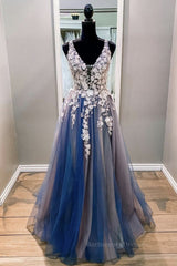 A Line V Neck Blue Lace Long Prom Dress, Long Blue Formal Evening Dress