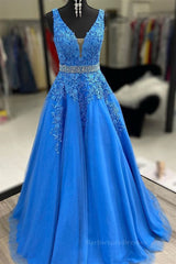 A Line V Neck Blue Lace Long Prom Dresses with Belt, Blue Lace Formal Evening Dresses