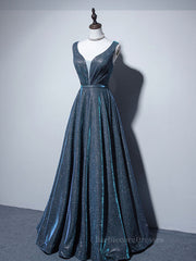 A-line V Neck Blue Long Prom Dress, Blue Formal Dresses