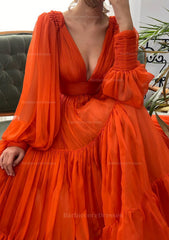 A Line V Neck Full Long Sleeve Long Floor Length Chiffon Prom Dress With Pleated