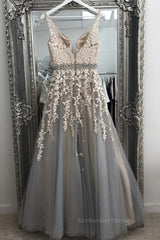 A Line V Neck Gray Lace Long Prom Dress with Belt, Gray Lace Floral Formal Dress, Gray Lace Evening Dress